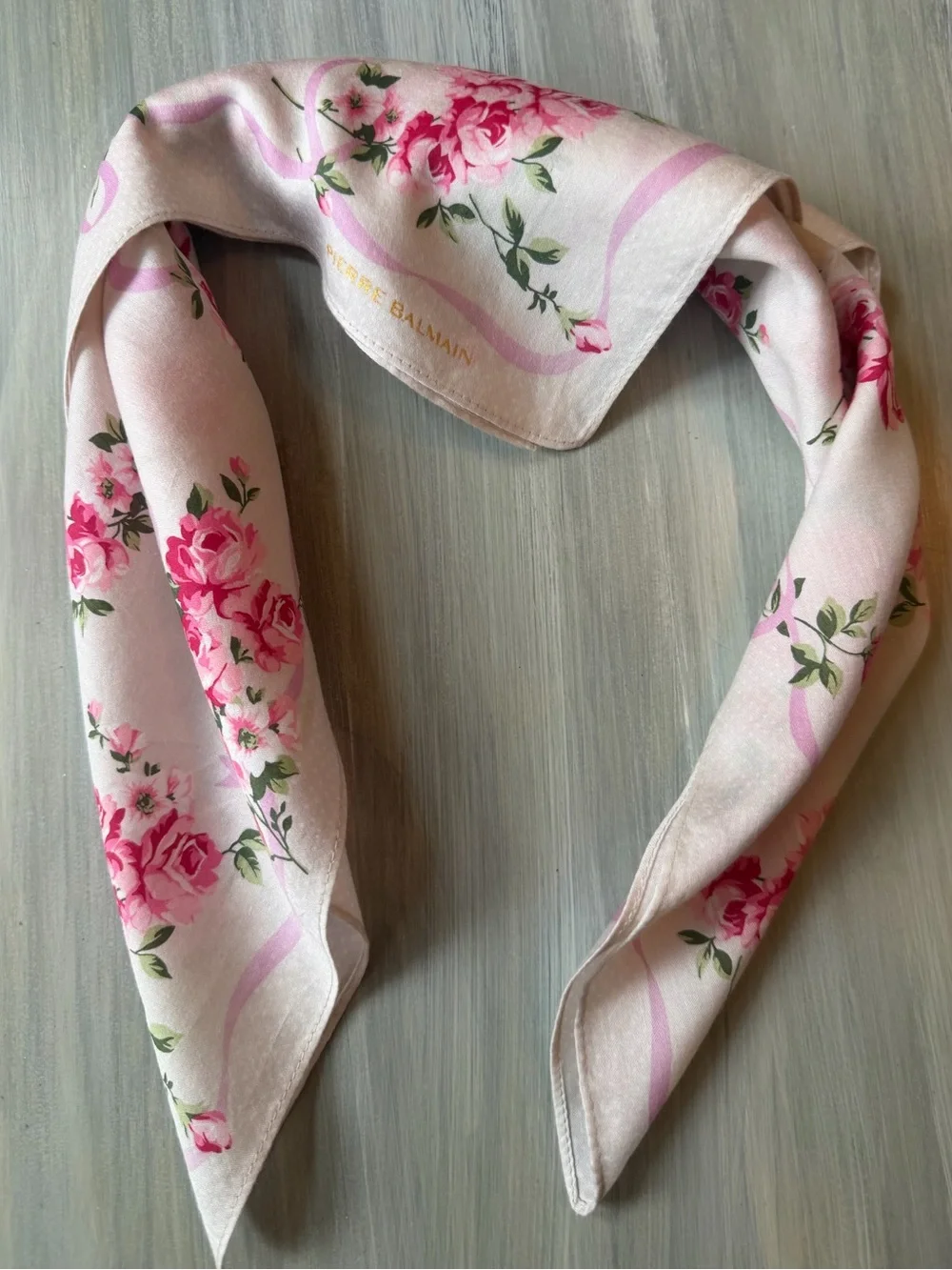 Pierre Balmain Luxury French Fashion House Scarf pink rose & ribbon floral print